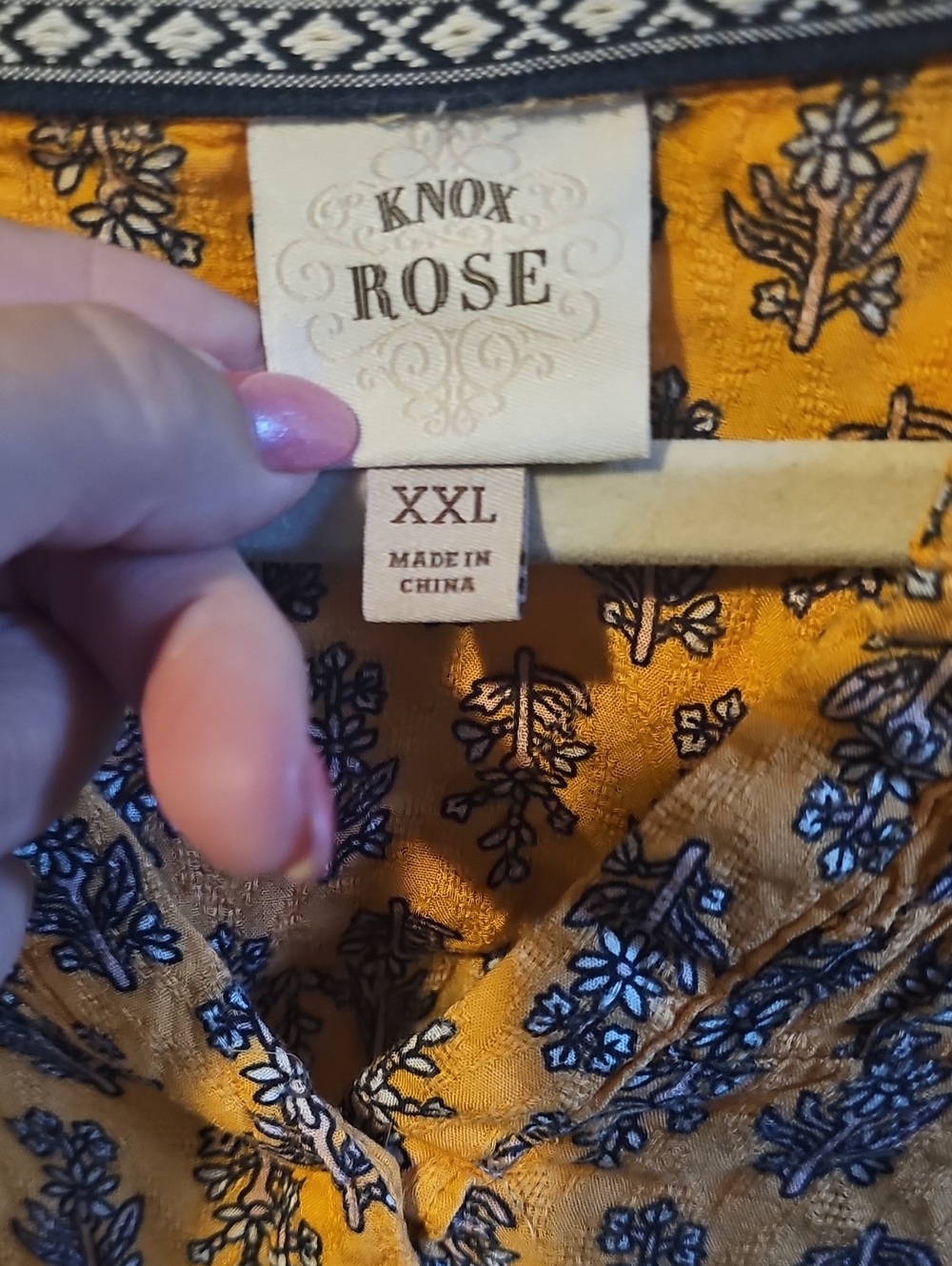 Knox Rose Mustard Short Sleeve Button Front Top with Navy Floral Print - Picture 2 of 5